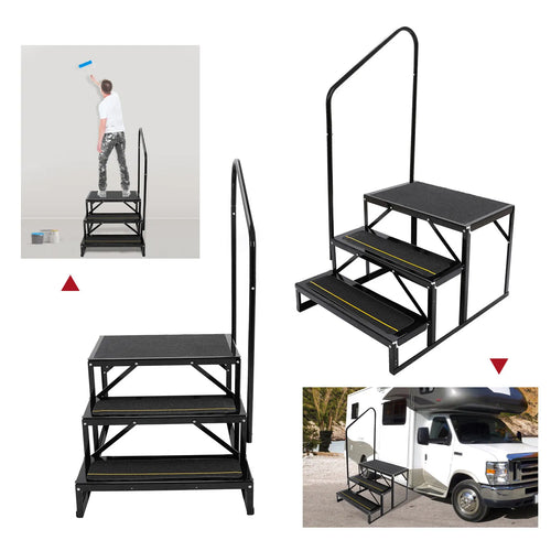 Kojem 3-Step Stair with HandRail for RVs Travel Trailers Camper and Motorhomes Wheel Stair Black Powder Coated Steel