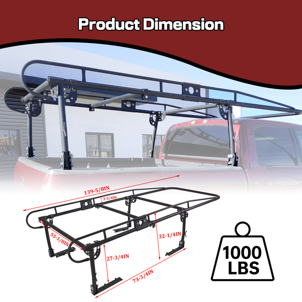 Kojem 60 Inch Universal Kayak Lumber Rack 1000 LBS Adjustable Truck Bed Rack Contractors Ladder Pickup Side Bar Long Cab Over-Cab